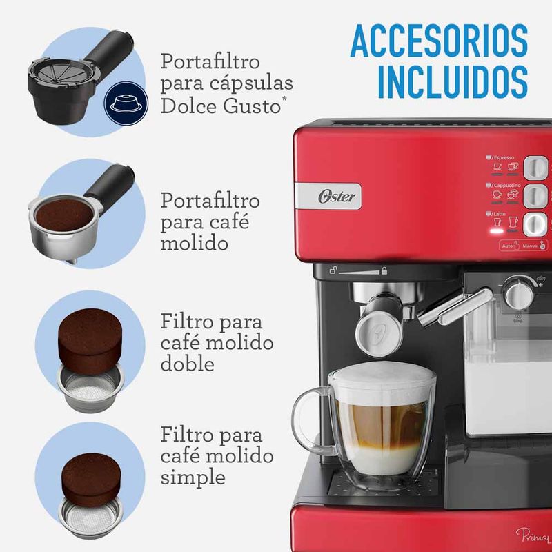 Cafetera Express Compatible con Capsulas Nespresso Oster Prima Latte 6701  Roja