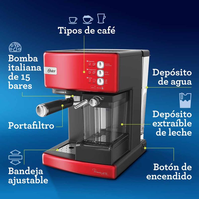 Kit Cafetera automática de espresso negro metálico Oster® PrimaLatte™  BVSTEM6603B y Molinillo de café Oster® con 18 ajustes - Productos y  accesorios originales Oster ®