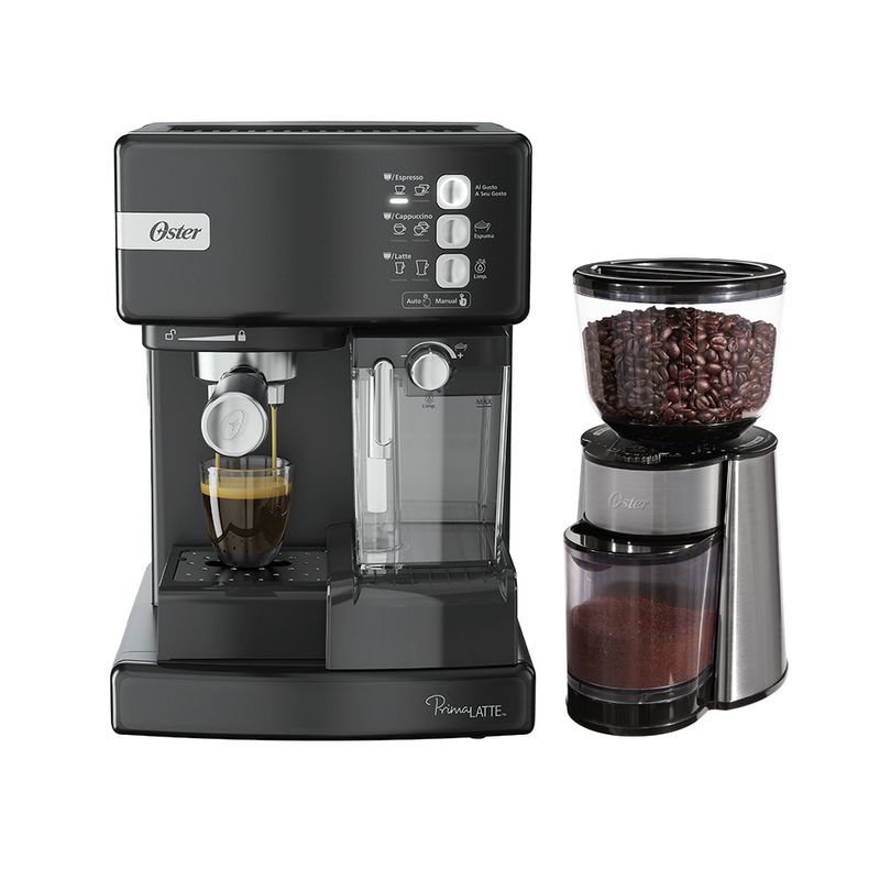 Kit Cafetera automática de espresso negro metálico Oster® PrimaLatte™  BVSTEM6603B y Molinillo de café Oster® con 18 ajustes - Productos y  accesorios originales Oster ®