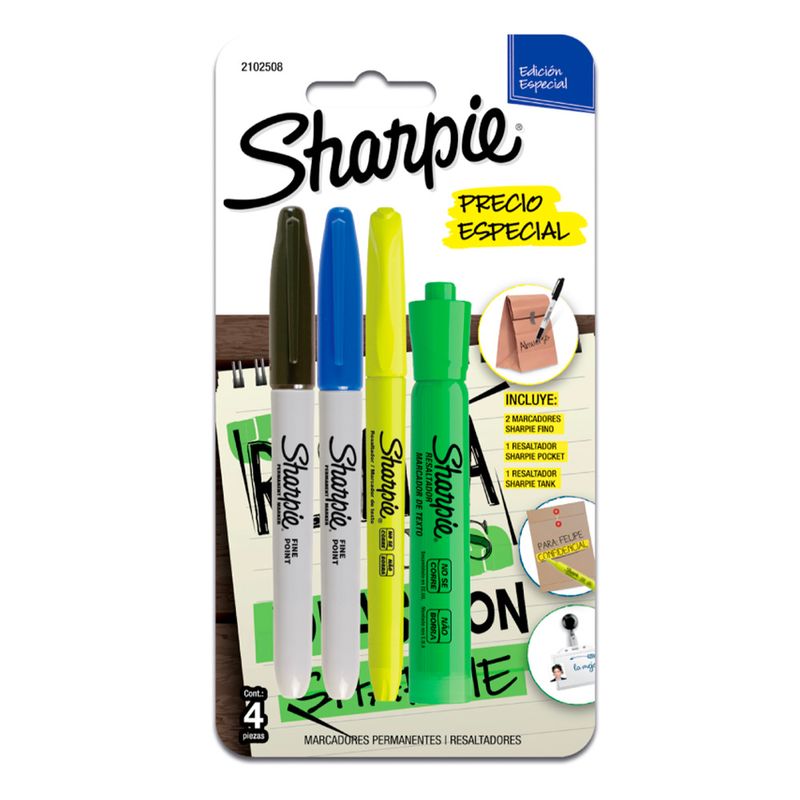 Pack 2 Sharpie punta fina + 2 destacadores Sharpie blíster x4