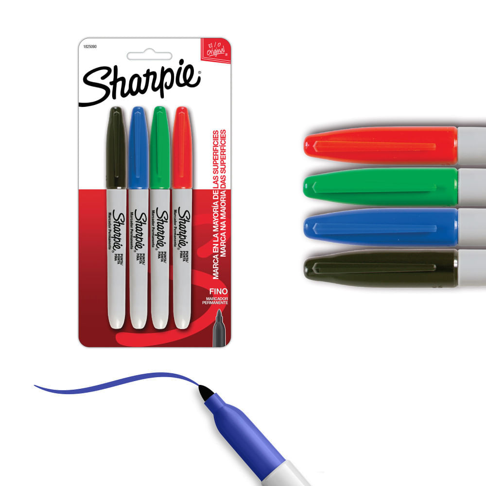 Marcadores permanente Sharpie punta fina blíster x 4 colores básicos
